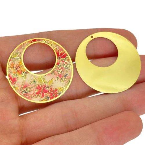 1 pendentif  rond - emaillé - fleur - métal doré