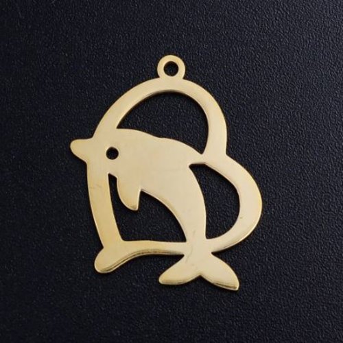 1 breloque pendentif - dauphin - coeur - dorée - acier inoxydable