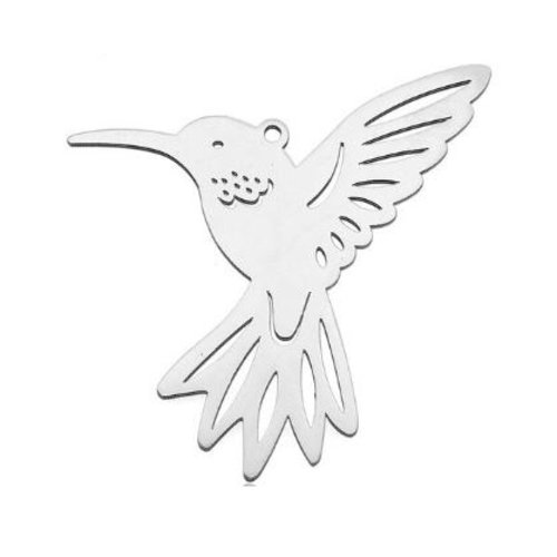 1 breloque pendentif - oiseaux - colibri - argentée - acier inoxydable