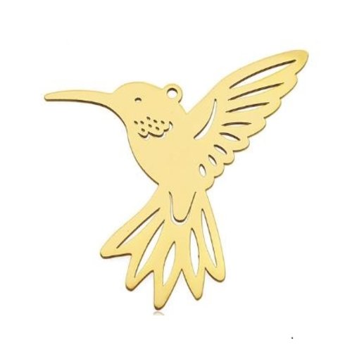 1 breloque pendentif - oiseaux - colibri - dorée - acier inoxydable