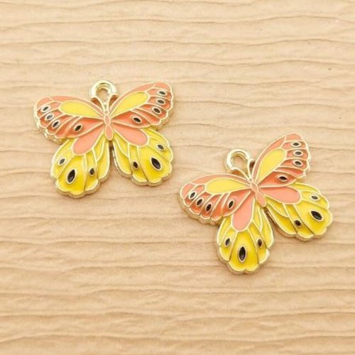 1 breloque pendentif papillon jaune orangé - email - métal doré