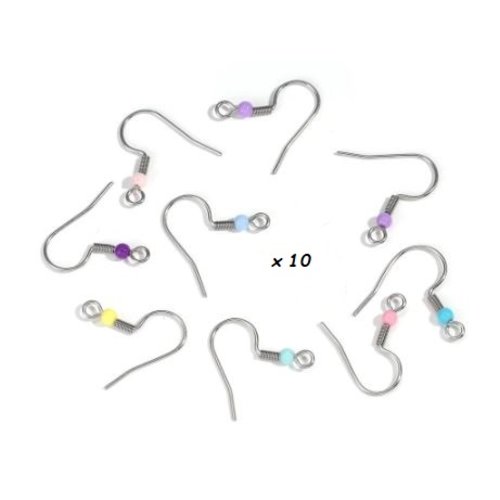Lot de 10 supports boucles d'oreille crochets en acier inoxydable - couleur argenté - perles colorées 622 x 20 mm - r963