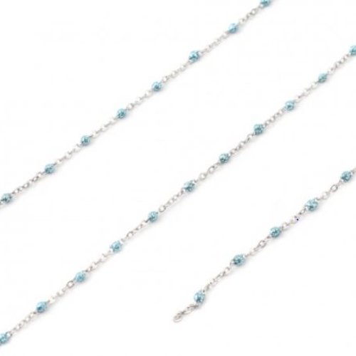 1 m de chaine acier inoxydable - maille forçat - perle email bleu pailleté - r614
