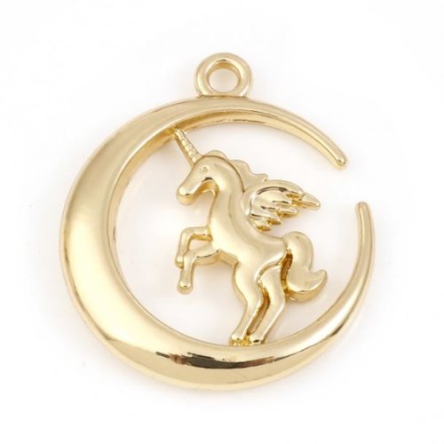 1 breloque pendentif licorne - lune - métal doré