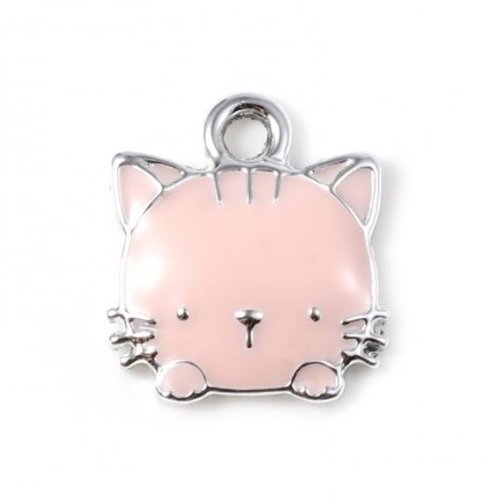 1 breloque pendentif - tête de chat - rose - métal argenté - r760