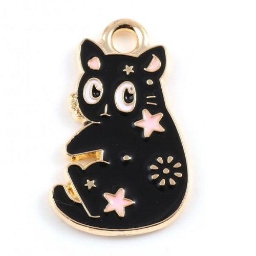 1 breloque pendentif chat noir - email - métal doré