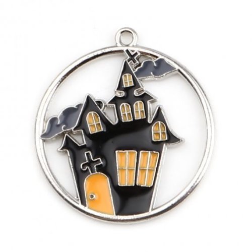 1 breloque - pendentif - maison hantée halloween - emaillé métal argenté
