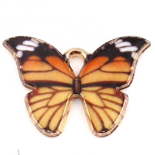 1 breloque pendentif papillon jaune orangé - email - métal doré