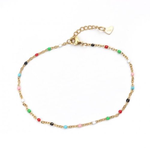 1 bracelet chaîne maille forçat - perle incrustée multicolore - acier inoxydable 304 -  couleur métal doré - r595