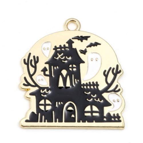 1 breloque - pendentif - maison hantée halloween - emaillé métal doré