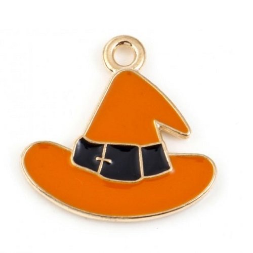 1 breloque halloween chapeau de sorcière - émaillé orange