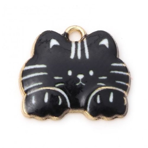 1 breloque pendentif chat noir - email - métal doré - r070