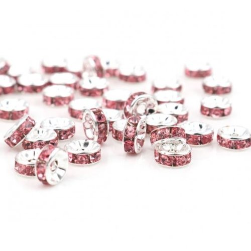 Lot de 20 perles intercalaires strass rose - argentées - 8 mm