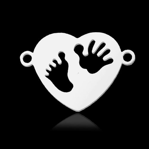 1 connecteur pendentif coeur empreinte main et pied bébé  - acier inoxydable - métal argenté