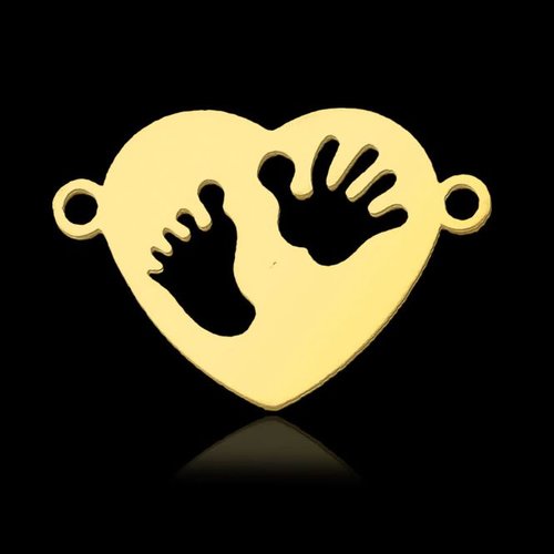 1 connecteur pendentif coeur empreinte main et pied bébé  - acier inoxydable - métal doré
