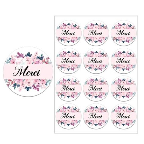 Lot de 10 étiquettes autocollantes " merci " - etiquette fleurs roses