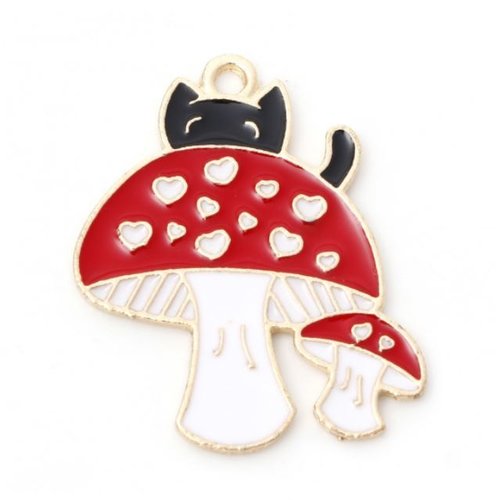 1 breloque - pendentif chat champignon emaillé - métal doré - r473
