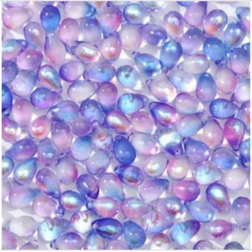 Lot de 10 perles tchèques en verre - goutte d'eau - bleu - rose - p3643