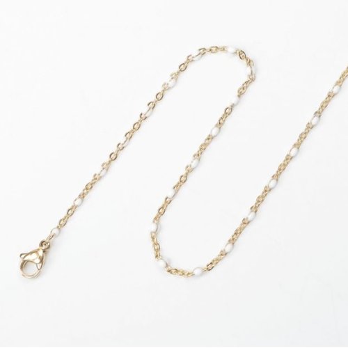 1 collier chaîne maille forçat - perle blanche - acier inoxydable -  couleur métal doré - 50 cm - r118