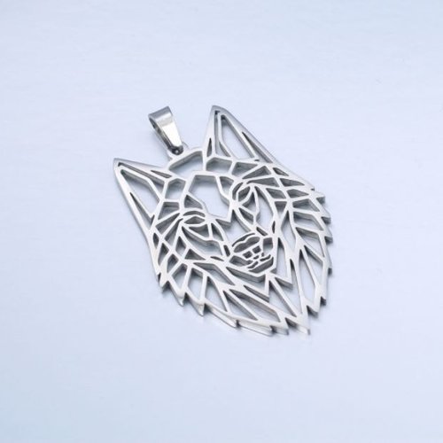 1 pendentif tête de loup - acier inoxydable - métal argenté - r697
