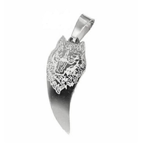 1 pendentif - breloque  dent de loup - tête de loup gravée - acier inoxydable - métal argenté