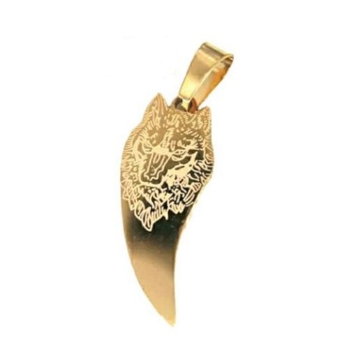 1 pendentif - breloque  dent de loup - tête de loup gravée - acier inoxydable - métal doré