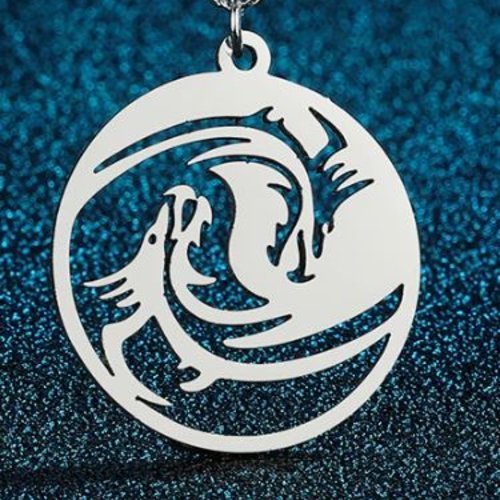 1 pendentif - breloque dragon yin yang - acier inoxydable - métal argenté