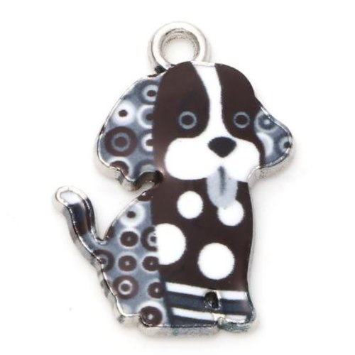 1 pendentif - breloque chien noir et blanc - emaillé - métal argenté - r209