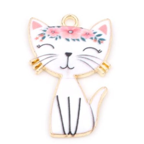 1 pendentif - breloque chat blanc et rose - emaillé - métal argenté - r229