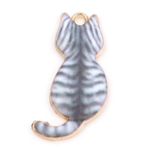 1 pendentif - breloque chat gris - emaillé - métal doré - r247