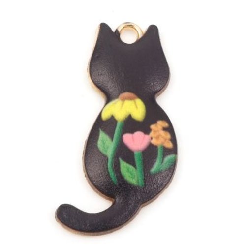 1 pendentif - breloque chat noir - fleurs - emaillé - métal doré - r251