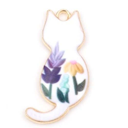 1 pendentif - breloque chat blanc - fleurs - emaillé - métal doré - r252