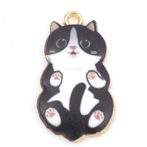 1 pendentif - breloque chat noir et blanc - emaillé - métal doré - r416