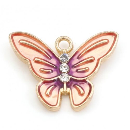 1 breloque papillon - émaillé rose et violet - strass - couleur métal doré - r053