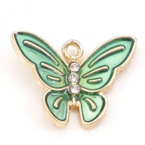 1 breloque papillon - émaillé vert - strass - couleur métal doré - r051