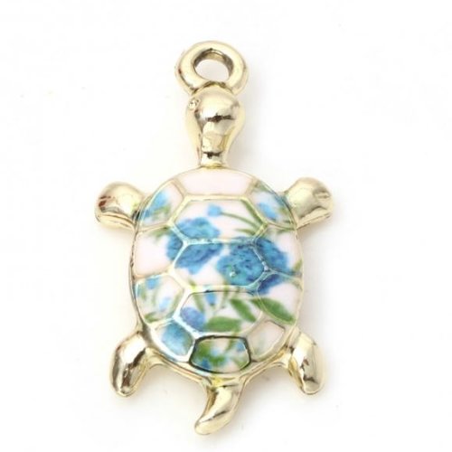 1 breloque tortue en emaillé fleur bleu - doré - r081