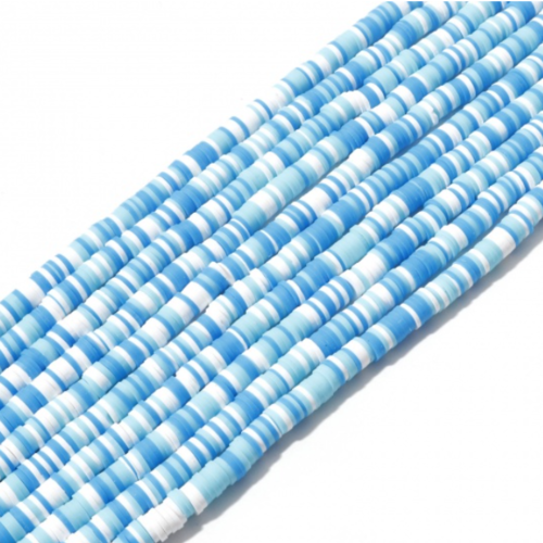 1 chapelet perles heishi - rondelles en pâte polymère - 6 mm - bleu - blanc - r439