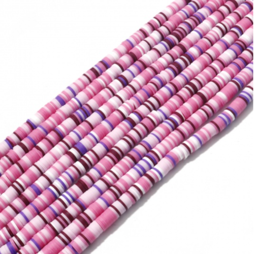 1 chapelet perles heishi - rondelles en pâte polymère - 6 mm - parme - rose  blanc - r436