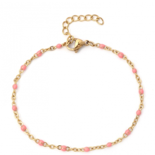 1 support bracelet en acier inoxydable à customiser - perle rose -  couleur métal doré - r133