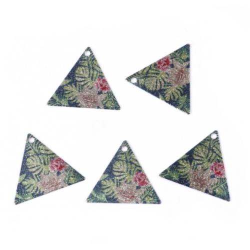1 pendentif triangle - emaillé - fleur exotique  - métal argenté - r743