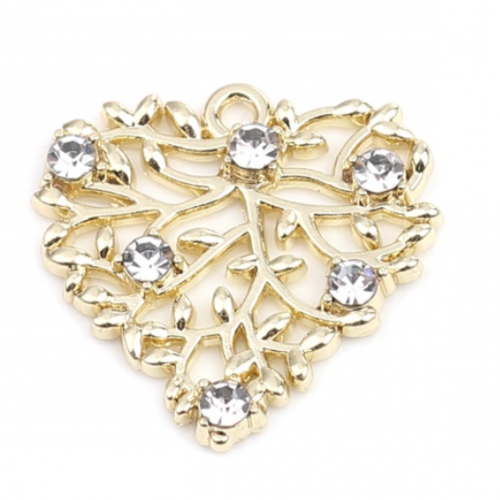 1 pendentif coeur - strass - métal doré - r358