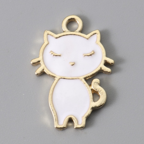 1 breloque pendentif chat blanc - email - métal doré - r671
