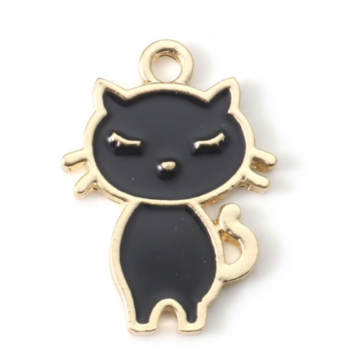 1 breloque pendentif chat noir - email - métal doré - r670