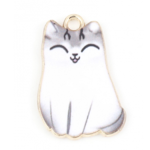 1 pendentif - breloque chat gris et blanc - emaillé - métal doré - r830