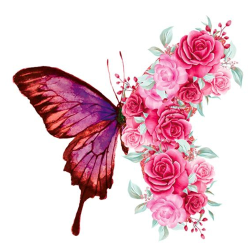 Transfert thermocollant - papillon et roses - 23 cm x 24 cm
