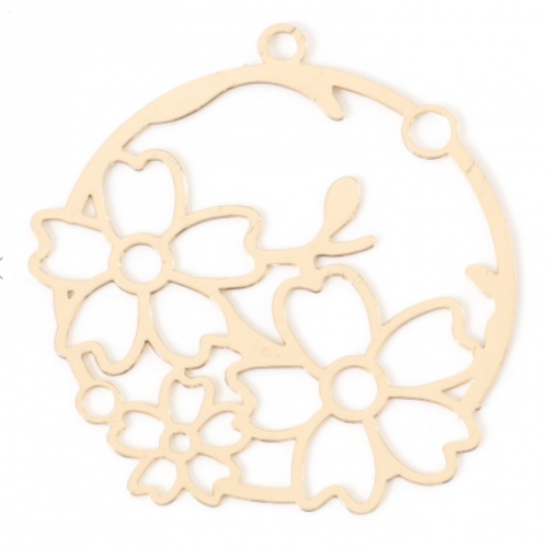 1 pendentif breloque fleurs estampe ronde - doré - filigrane - laser cut