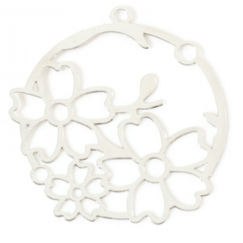 1 pendentif breloque fleurs estampe ronde - argenté - filigrane - laser cut