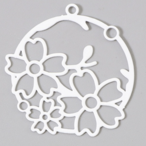 1 pendentif breloque fleurs estampe ronde - blanc - filigrane - laser cut