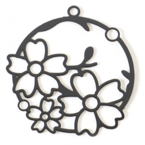 1 pendentif breloque fleurs estampe ronde - noir - filigrane - laser cut