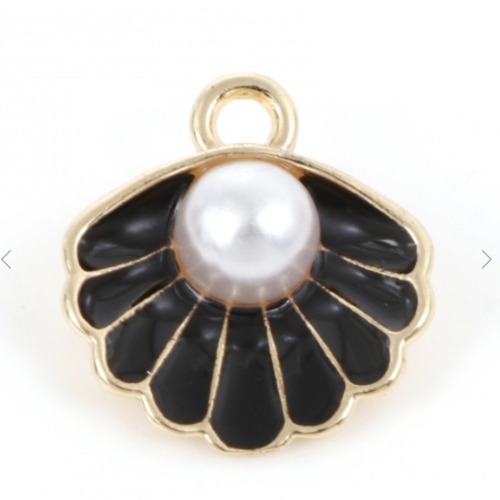 1 breloque - pendentif - coquillage - mer - perle et emaillé noir - métal doré - r130